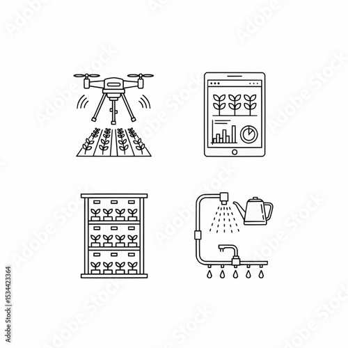 Smart Agriculture Technology Icons Featuring Drones, IoT Devices, and Hydroponics