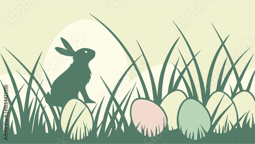 Easter Bunny Silhouette and Eggs in Spring Grass Nature Simple Illustration Background