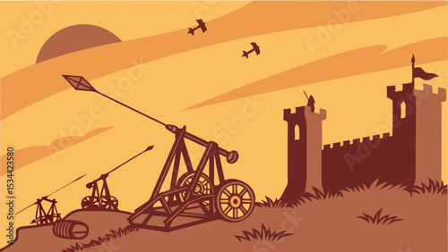 Medieval Castle Siege with Catapults and Biplanes Flying - Historical Anachronism War Battle Illustration