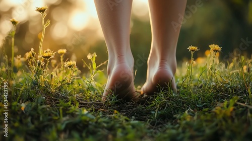 Bare feet touching the grass symbolize freedom and a connection to the earth