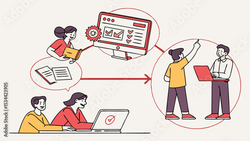 Team collaboration and online education. Students and colleagues studying digital course, e-learning, training, exam illustration.