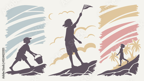 Silhouettes of happy children playing on the beach during summer vacation. Kids having fun, exploring by the ocean.