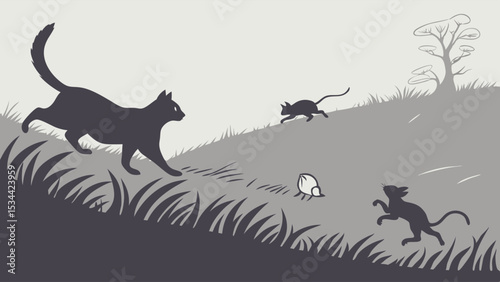Predator Prey Animal Chase Black Cat Running Mice Hedgehog Grassy Hill Grayscale Illustration