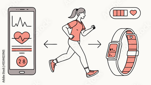 Woman running using health fitness tracking app on smartphone and smartwatch wearable technology digital health monitor exercise data