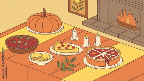 Autumn Thanksgiving Dinner Table with Holiday Food, Pumpkin, Pies, Candles, Cozy Fireplace