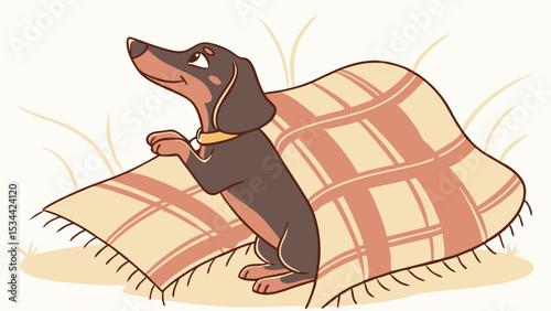 Cute adorable dachshund dog puppy sitting under cozy warm blanket outdoors looking up happy pet animal companion