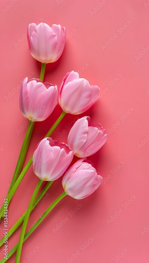 Obraz premium Five delicate blush pink tulips arranged in a graceful cascade against a soft coral background