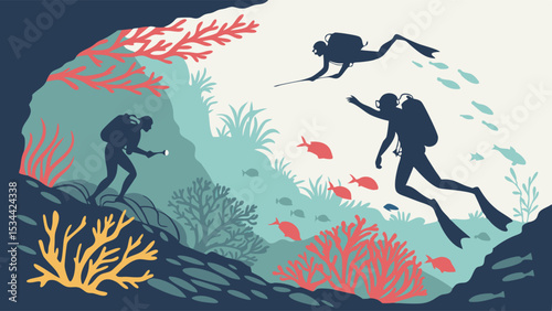 Scuba Divers Exploring Underwater Coral Reef with Tropical Fish Marine Life Ocean Adventure