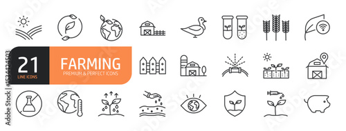 Set of line icons related to Farming and agriculture and more. Outline icons collection. Editable stroke. Vector illustration.