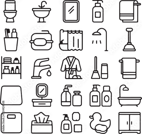 Bathroom Fixtures and Hygiene Outline Icons Set: Toilet, Sink, Shower, and Personal Care Items