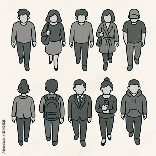 Top View People Walking Vector Illustration - Diverse Crowd, Men, Women, and Students