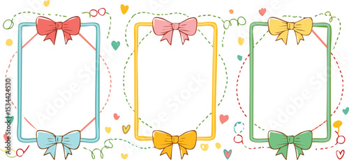 Vintage hand drawn frames with whimsical lines, bows, ribbons. Italian summer vacation aesthetic. line borders, postage stamp . Vector template for poster, invitation, card.