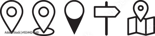 Geographic Location & Navigation Outline Icons: Map Pins, Signpost, and Folded Map Symbols