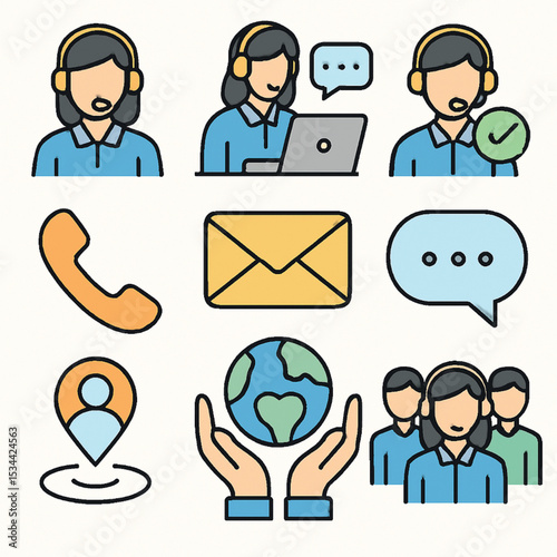Customer Service & Contact Us Icons: Support, Communication, Global Reach, and Assistance