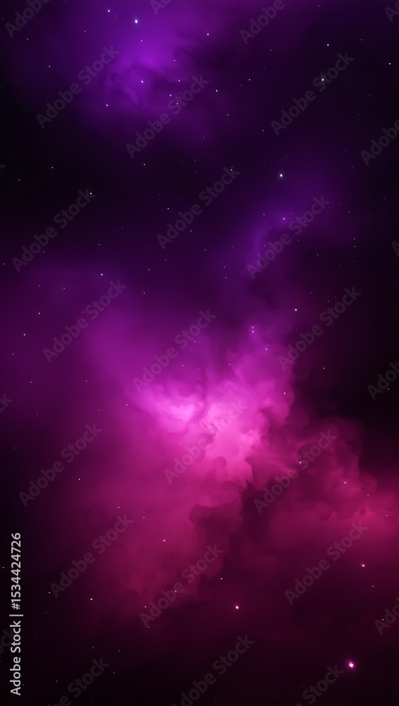 Fototapeta premium Crimson nebulae swirl across a deep purple cosmic expanse, scattered with distant starlight