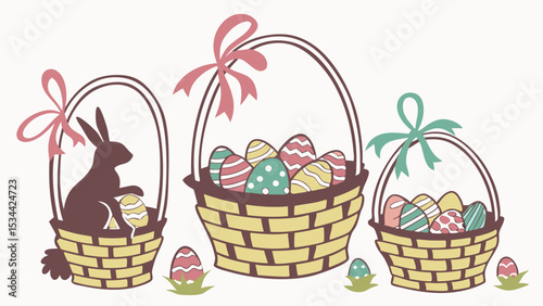 Easter baskets with colorful decorated eggs and bunny illustration graphic for spring holiday celebration