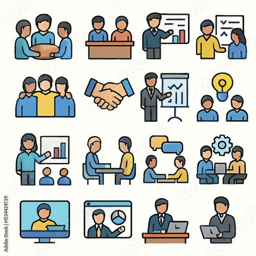 Business Meeting and Teamwork Icons: Collaboration, Presentations, Discussions, and Online Conferencing