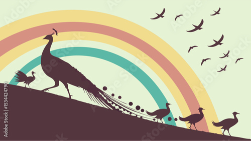 Peacock leading group of birds silhouette with rainbow and flying birds nature graphic illustration