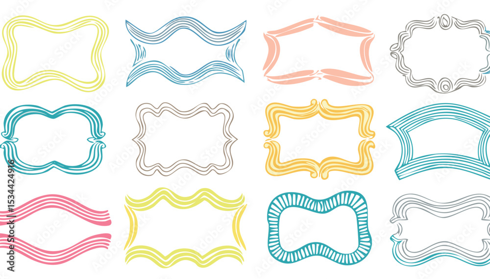 Collection of hand drawn colorful wavy frames different shapes. Summer decorative frames. Modern trendy borders for wedding invitation, birthday card, social media template. Vector illustration.doodle Collection of hand drawn colorful wavy frames different shapes. Summer decorative frames. Modern trendy borders for wedding invitation, birthday card, social media template. Vector illustration.doodle