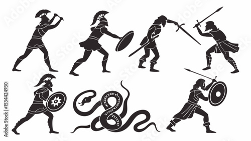 Ancient warriors heroes fighting battle combat giant snake monster silhouette illustration mythology legend