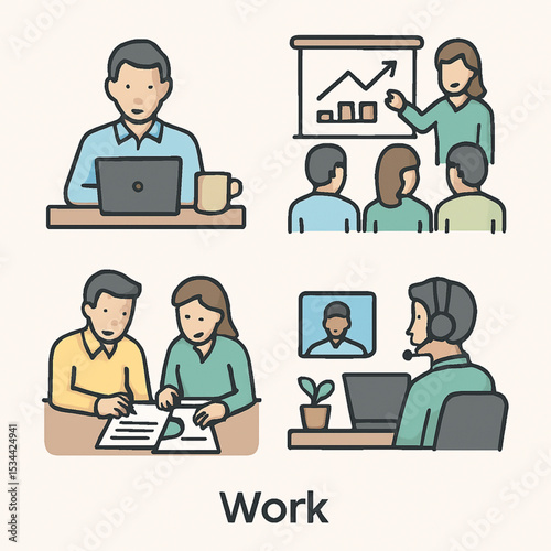 Business Work Environment Icons: Collaboration, Meetings, Remote Work, and Presentations