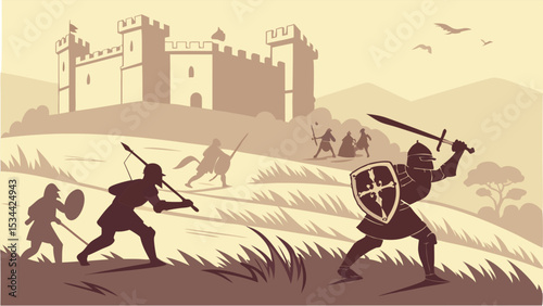 Medieval Battle Scene Illustration Knights and Soldiers Fighting Near Castle Vintage Sepia Tone Historical War Combat
