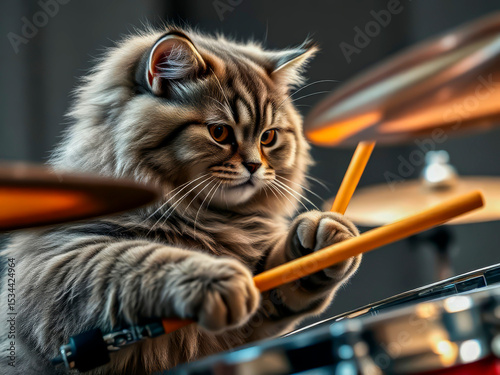 Rock cat behind the drum kit - musical chaos