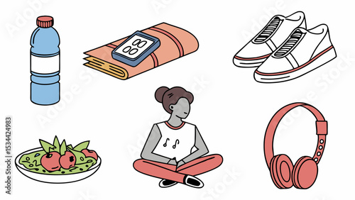 Wellness and healthy lifestyle concept. Fitness essentials like shoes, water, food, and music for exercise preparation or recovery.