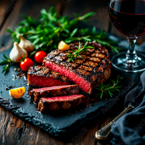 Meat delight: steak with rosemary and roasted tomatoes. The perfect advertisement for a meat restaurant