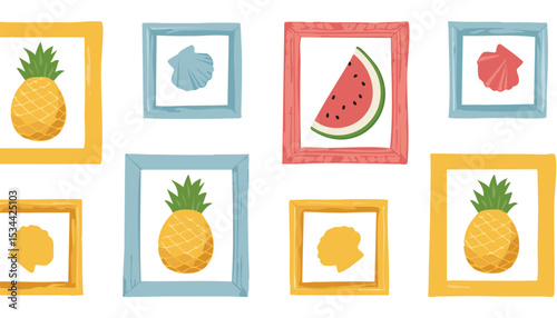 Cute summer seamless pattern with fruits. Hand drawn watermelon, pineapple, seashell, melon in frames. Summer vacation trendy print. children, doodle, graphic, mosaic, ornament, palm, print, repeat, 