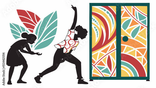 Vibrant artistic dance performance by women silhouettes near a colorful abstract wardrobe