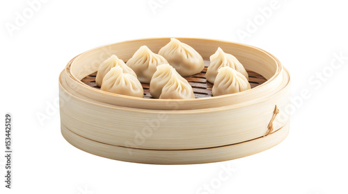Handmade steamed momo dumplings arranged on bamboo steamer isolated on white background 