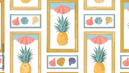 Cute summer seamless pattern with fruits. Hand drawn watermelon, pineapple, seashell, melon in frames. Summer vacation trendy print. children, doodle, graphic, mosaic, ornament, palm, print, repeat, 