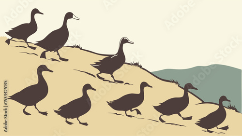 Simple graphic nature illustration of a flock of ducks walking on a hill wildlife birds group moving outdoors path