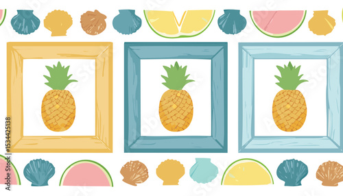 Cute summer seamless pattern with fruits. Hand drawn watermelon, pineapple, seashell, melon in frames. Summer vacation trendy print. children, doodle, graphic, mosaic, ornament, palm, print, repeat, 
