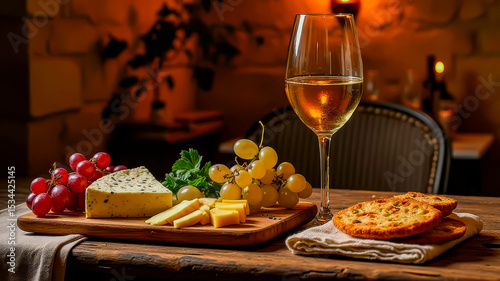 French mood: cheeses, wine and grapes on a wooden table