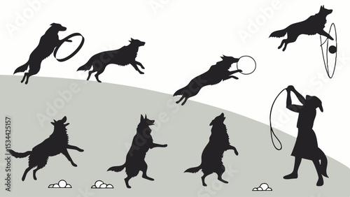 Dynamic dog agility silhouettes action jumping running playing with handler and frisbee graphic