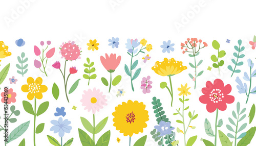 Set of spring and summer hand drawn flowers. Floral elements, wildflower, leaves and herb, plants, foliage on white background. Collection spring blossom icons. Vector.leaf, butterfly, children,