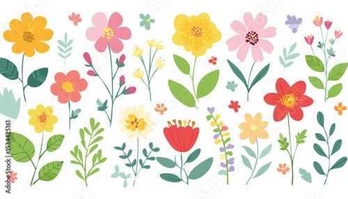 Set of spring and summer hand drawn flowers. Floral elements, wildflower, leaves and herb, plants, foliage on white background. Collection spring blossom icons. Vector.leaf, butterfly, children,