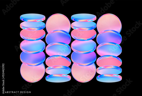 3d glass futuristic poster. Circle holographic gradient shape on black background. Geometric technology abstract pattern. Pink blue iridescent glass round element. Vector render illustration