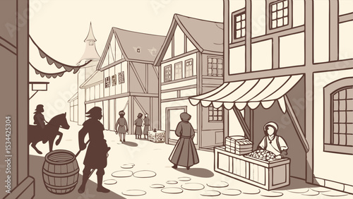 Medieval town street scene with market, people, and historical buildings