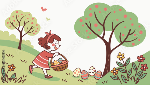 Happy little girl on Easter egg hunt collecting colorful eggs in basket outdoors spring holiday fun