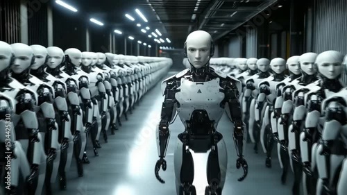 Wallpaper Mural a futuristic scene where rows of humanoid robots stand in a sterile, industrial facility Torontodigital.ca