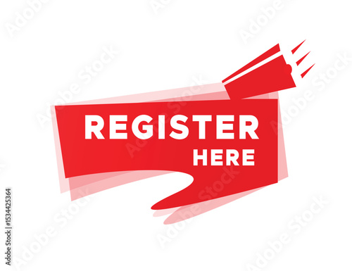 Register here, colorful vector banner ribbon icon illustration design isolated on white background . web graphic.