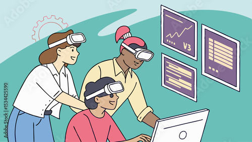 Diverse team using VR headsets for virtual reality business data analysis collaboration flat illustration