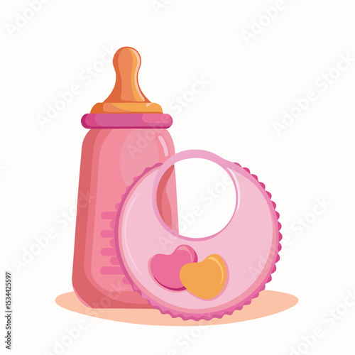 Cute pink baby bottle and bib vector illustration with heart accents on white background