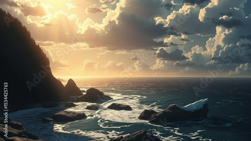 Coastline bathed in golden sunlight dramatic clouds above