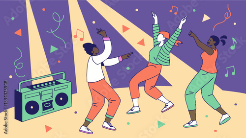 Flat illustration of happy diverse friends dancing at a party with a boombox and music.