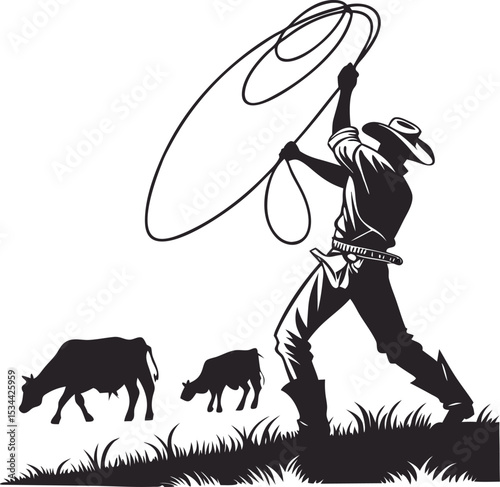  Silhouette of a cowboy swinging a lasso toward cattle,