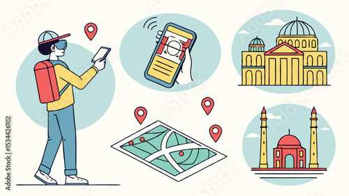 Digital tourist using smartphone map app exploring city landmarks with location pins technology travel and navigation concept